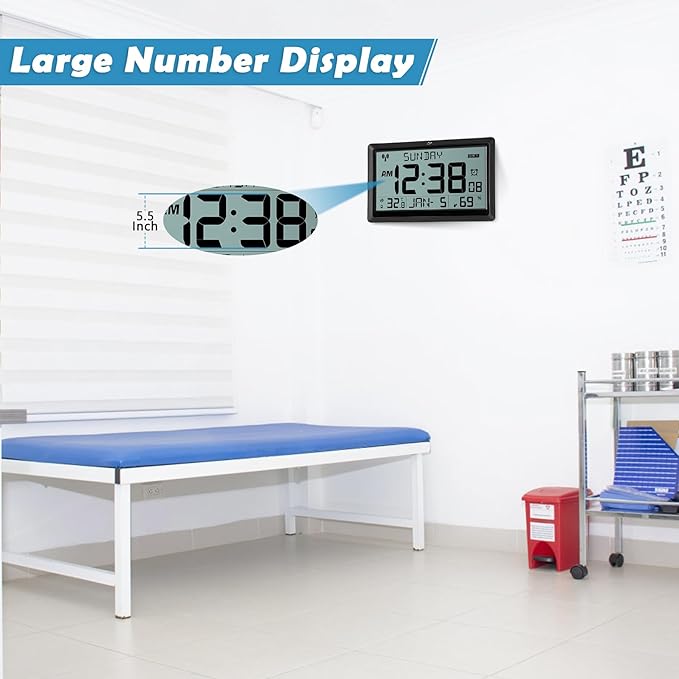 SZELAM Atomic Clock,10.5"Large Display Digital Wall Clock Battery Operated,Digital Calendar Auto Setting Desk Clocks with Indoor Temperature,Humidity,Date,Day,Auto DST for Elderly Bedroom-No backlight