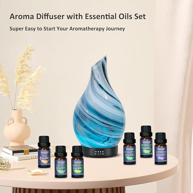 Oil Diffuser & Essential Oils Set - Aromatherapy Diffuser with 6 Essential Oils Set, Ultrasonic Cool Mist Oil Diffusers for Essential Oils, 4 Timer & 7 LED Light, Waterless Auto Shut-Off