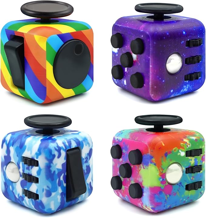 Lollyx Fidget Toy Cube, 4 Pack Cube Fidget Anxiety Relief Toys for Kids and Adults, 6 Sided Fidget Toys Cube Hand-Held for Adults, Audible/Silent Cube Toys Fidget for ADD/ADHD/OCD