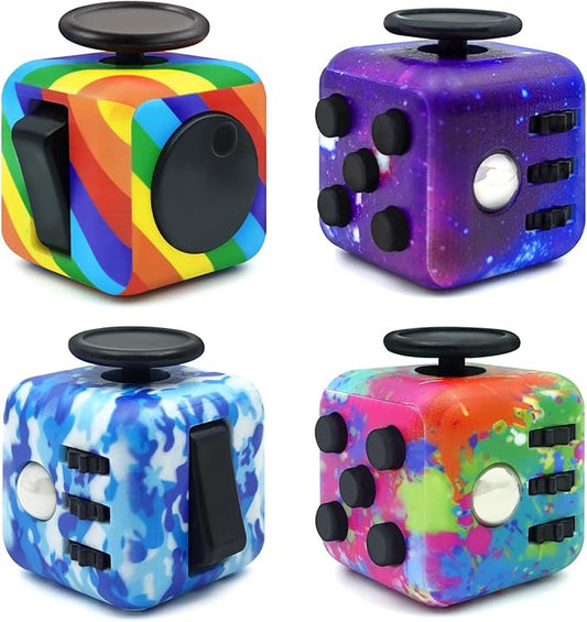Lollyx Fidget Toy Cube, 4 Pack Cube Fidget Anxiety Relief Toys for Kids and Adults, 6 Sided Fidget Toys Cube Hand-Held for Adults, Audible/Silent Cube Toys Fidget for ADD/ADHD/OCD