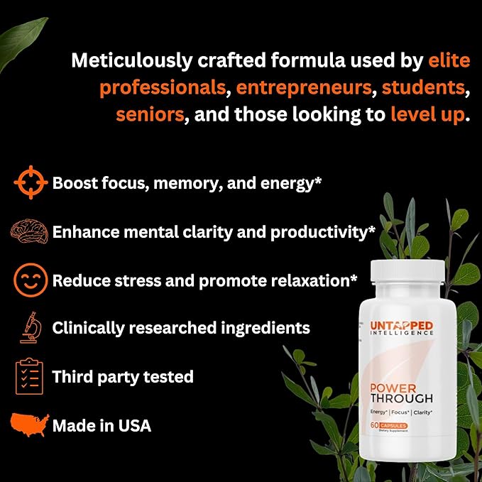 Power Through - Nootropic Brain Supplement for Memory and Focus with L-Theanine, Bacopa Monnieri, Rhodiola Rosea, B12, Energy Pills, Mood Support & Best Brain Supplement for Memory Focus