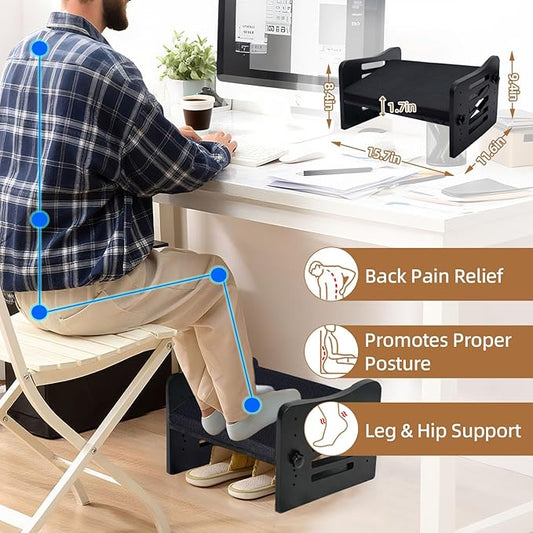Myplace Bamboo Adjustable Under Desk Footrest with Memory Foam Pad - Ergonomic Foot Rest with 7-Level Adjust, Slanted Foot Rest Stool for Home Office Kitchen Bedroom (Black)