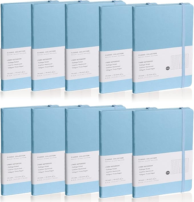 Lined Journal Notebook, 10Pack(Sky Blue), 160 Pages, Medium 5.7 inches x 8 inches - 100 gsm Thick Paper, Hardcover