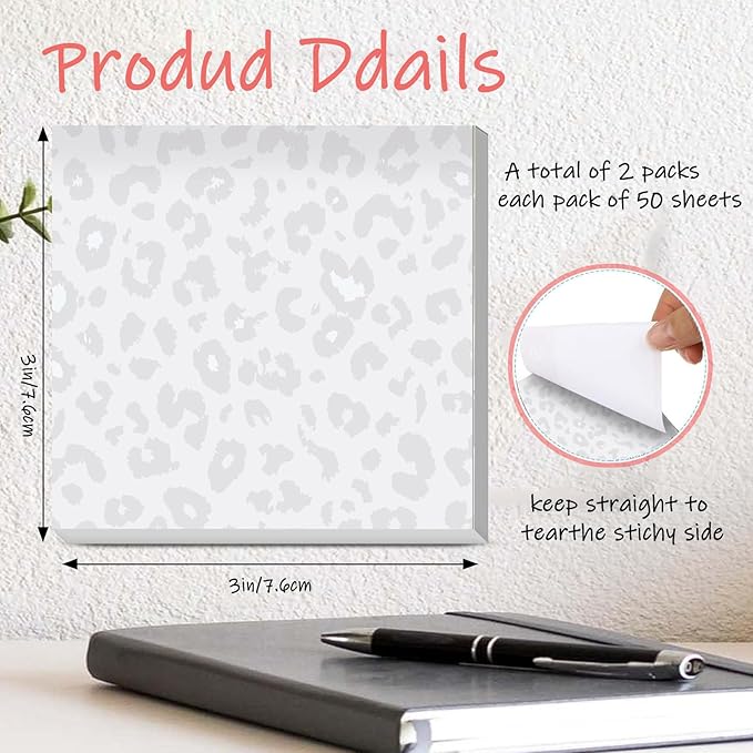 Sticky Notes 3x3 Inches, 2 Pads Cute Colorful Self-Stick Note Pads, Easy to Post for Home, Office and Daily Life Organization Gery Leopard