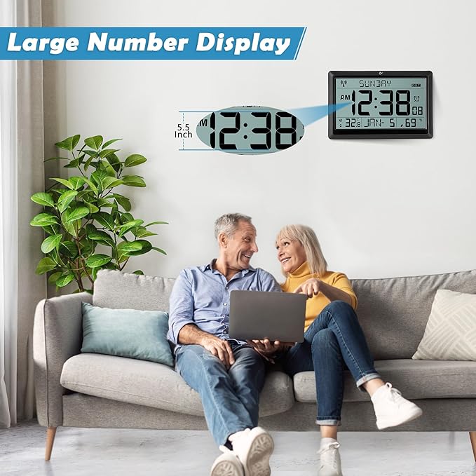 SZELAM Atomic Clock,10.5"Large Display Digital Wall Clock Battery Operated,Digital Calendar Auto Setting Desk Clocks with Indoor Temperature,Humidity,Date,Day,Auto DST for Elderly Bedroom-No backlight
