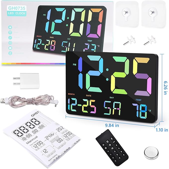 Amgico RGB Digital Alarm Clock with Snooze,Temperature,Auto Dimming,11.5" Large Display Calendar,Desk/Wall Clock for Bedroom,Living Room,Office,Home,Classroom,Kids,Elderly-Black