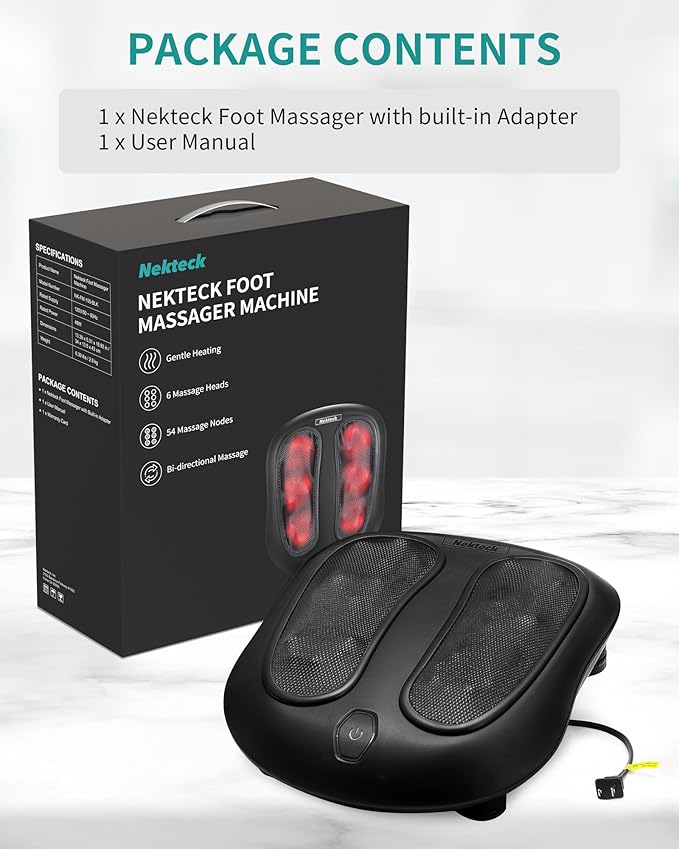 Nekteck Foot Massager with Heat, Shiatsu Heated Electric Kneading Foot Massager Machine for Neuropathy, Plantar Fasciitis, Feet Massage for Pain Relief, Circulation, Gifts for Man Woman Her Birthday