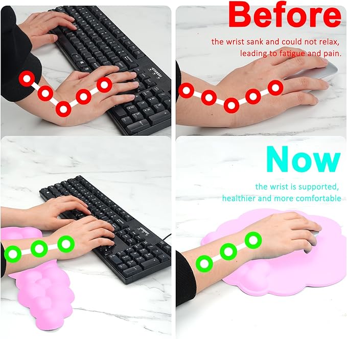 Cloud Keyboard and Mouse Wrist Rest Pad for Computer Arm Pain Relief- Ergonomic Wrist Support Mousepad with Non-Slip PU Base for Office, Gaming, and Home Use Anti-Fatigue(Pink)