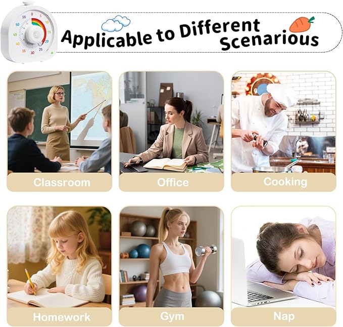 Visual Timer for Kids β 60min/12h Rainbow Magnetic Timer for Classroom, Rechargeable Silent Countdown Timer with Pomodoro Mode, ADHD Time Management Tool