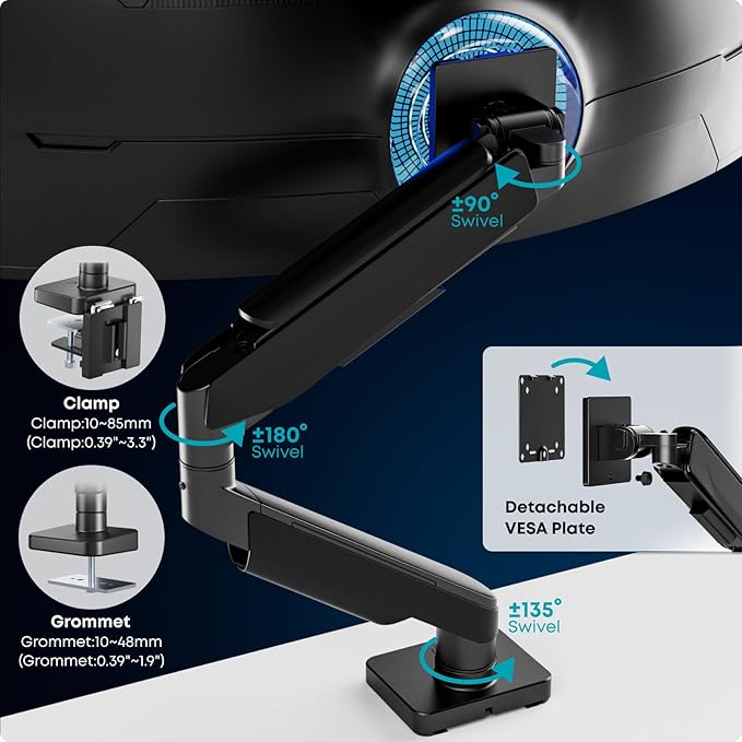 Heavy Duty Monitor-Arm for 17"-49" Ultrawide - Aluminum Full Motion Single Monitor Arm Desk Mount for Office & Gaming, Adjustable Gas Spring, Ergonomic, VESA 75/100 mm, Max Load 44lbs, Black