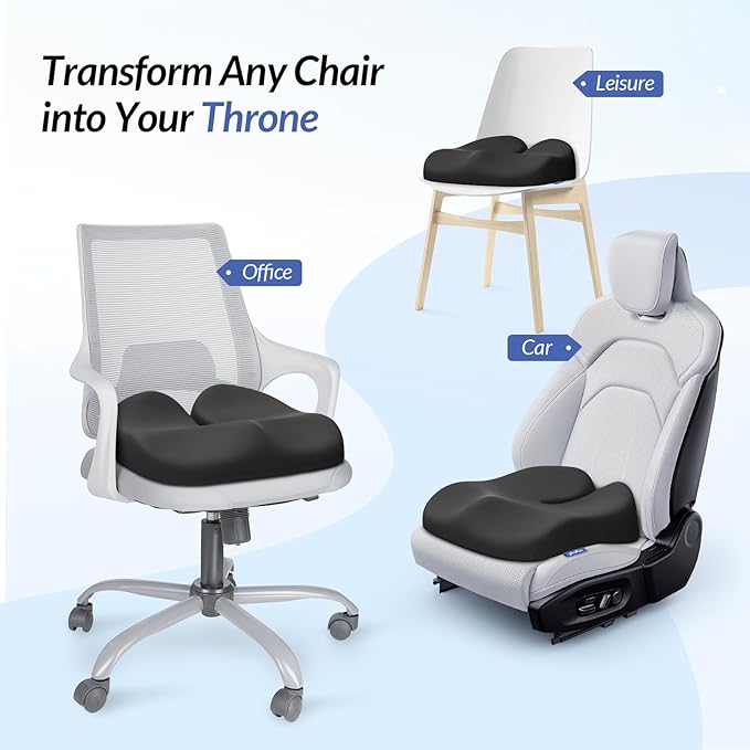 ZIKEE Ergonomic Seat Cushion with Thigh Relief Slope, Office Chair Cushion with Premium Memory Foam for Car, Home, U-Shaped Design Alleviates Hip, Tailbone Pain, Anti-Slip Sciatica Pain Relief Pillow