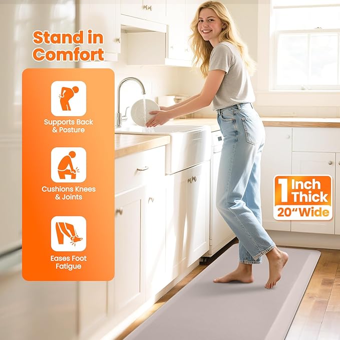Kitchen Mats for Floor, 1 Inch Extra-Thick Kitchen Rugs, Non-Slip & Waterproof Standing Desk Mat, Comfort Anti Fatigue Mats for Kitchen Floor, Home, Sink, Office (20" X 72", Khaki)