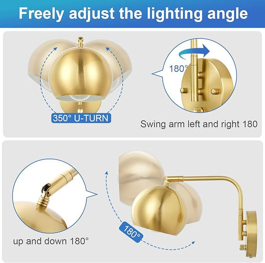 Wall Sconces Plug in, Dimmable Wall Sconce Swing Arm Wall Lights with Plug in Cord and Dimmer On/Off Knob Switch, Brushed Brass Globe Wall Light for Bedroom Bedside Hallway(2 Bulbs Included)