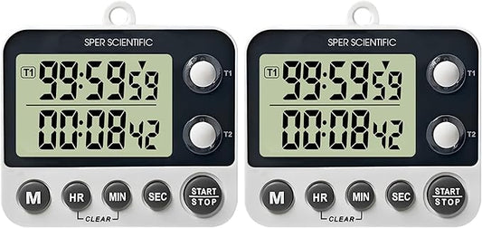 Sper Scientific 2 Channel Digital Lab + Kitchen Timer with Color Coded LED Lights 810002 – Dual Countdown Timer with Large Display, Loud Alarm & Clock Mode - for Cooking, Labs & More - 2 pc