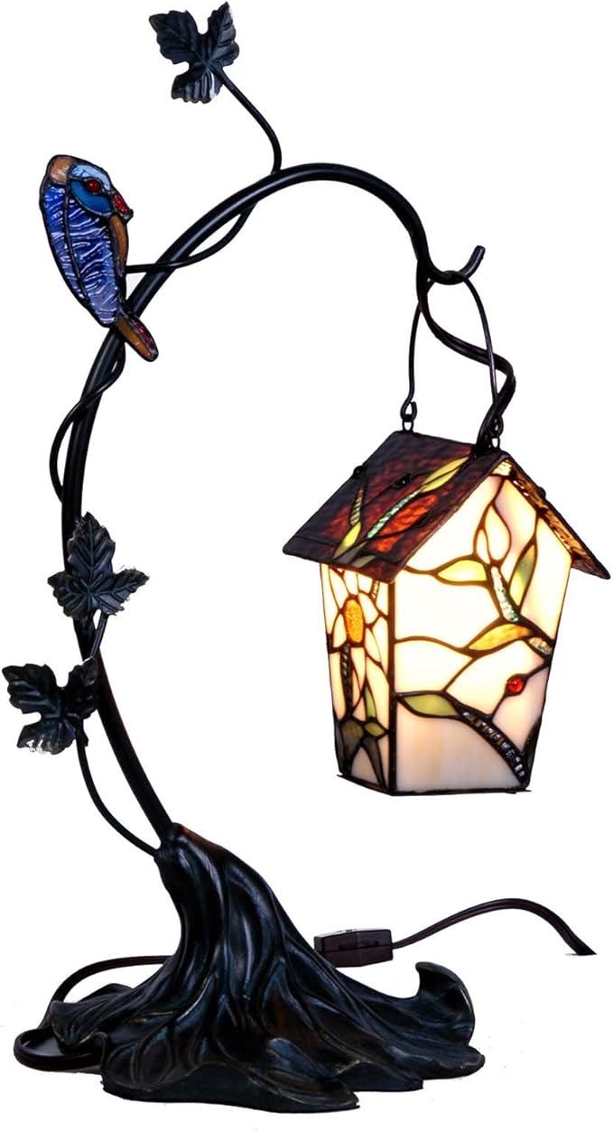 Bieye L10617 Tiffany Style Stained Glass Birdhouse Table Lamp for Home Decor (21-inch High, Pink Flower)