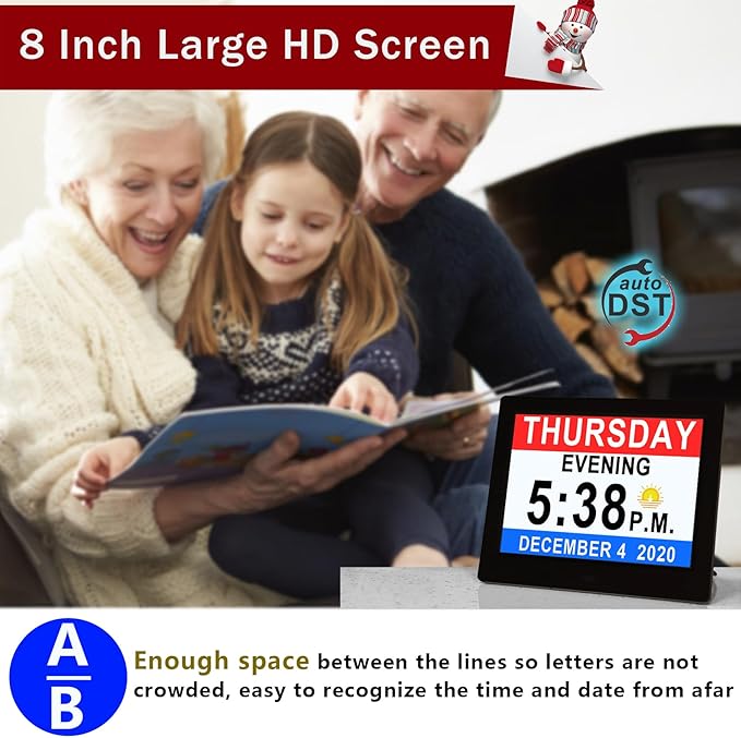 Véfaîî 19 Alarms Dementia Clock 8 Inch Large Display, Auto DST, 10 Levels Auto Dimmable, Non-Abbreviated Date and Day Calendar Clock for Seniors, with Power Adaptor, Picture Frame Feature