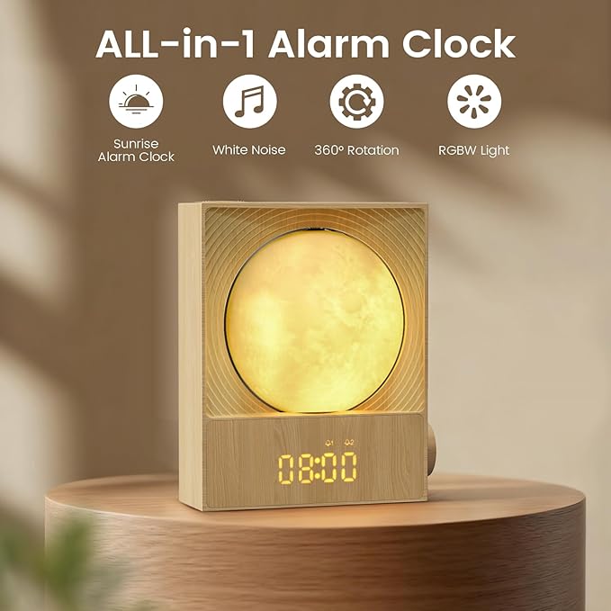 Sunrise Alarm Clock, 360-Degree Rotating Moon Lamp & 10 White Noise Sounds, Dual Alarm & Snooze for Heavy Sleeper, Timer, Wooden Bedroom Light Gift - Wood
