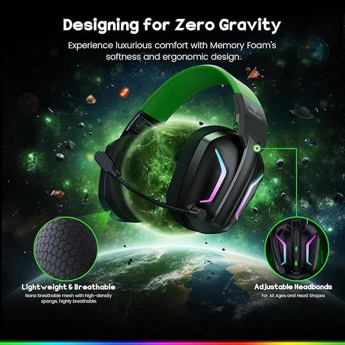 Wireless Gaming Headsets for PC, PS5, PS4, Switch, Mac, 2.4GHz Wireless Gaming Headphone for Game Boy Accessories, ENC Noise Canceling Microphone, Bluetooth 5.4, Cool Lighting, 50H Battery