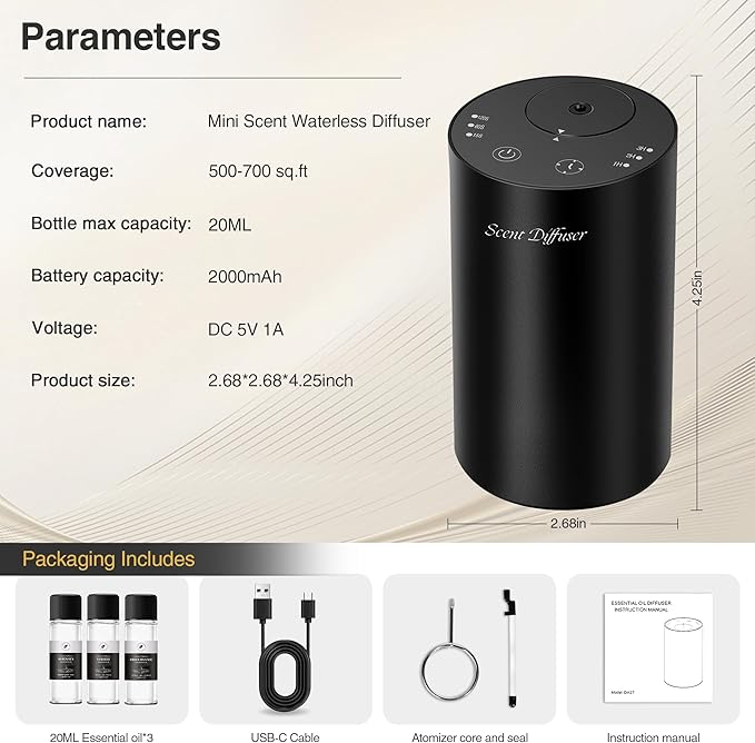 Waterless Essential Oil Diffuser Starter Kit - No Water Needed, Battery Operated Mini Scent Air Machine, Included 3x20ML Essential Oils, Portable Aromatherapy Diffuser for Home & Car & Office, Black
