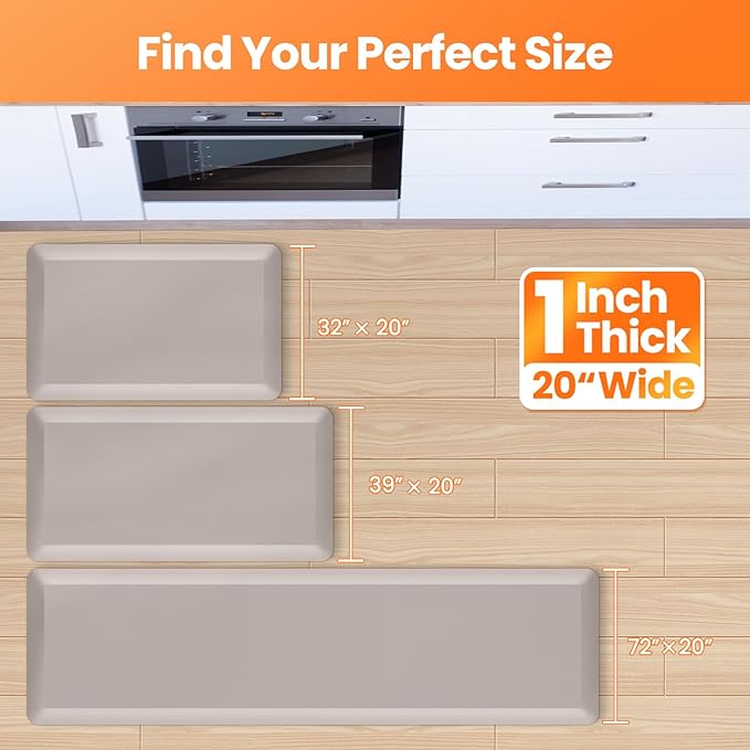 Kitchen Mats for Floor, 1 Inch Extra-Thick Kitchen Rugs, Non-Slip & Waterproof Standing Desk Mat, Comfort Anti Fatigue Mats for Kitchen Floor, Home, Sink, Office (20" X 39", Khaki)