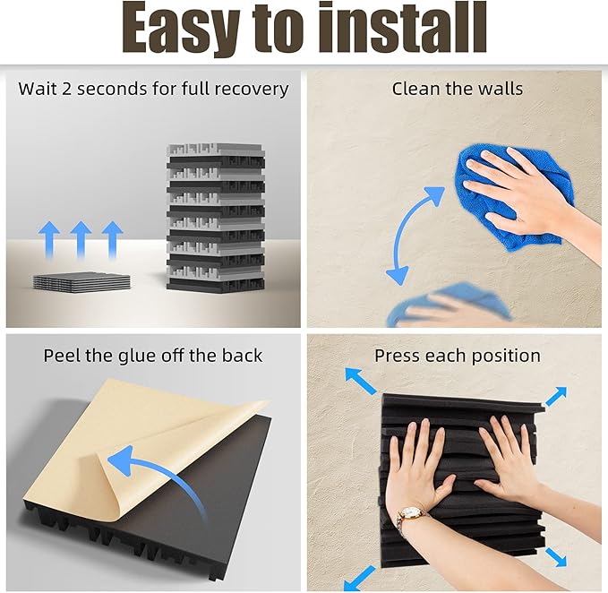 12 Pack Sound Proof Foam Panels for Walls, 12" x 12" x 2" Self-Adhesive Acoustic Panels, High-Density Soundproof Wall Panels for Studio, Home, and Ceilings (Black+Gray)