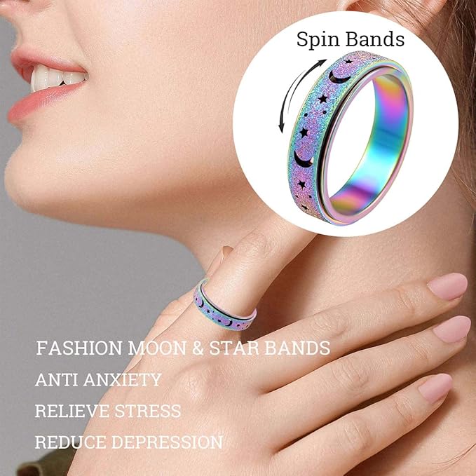 OreilleStar Anxiety Ring for Women Spinner Ring Fidget Stainless Steel Ring Fidget Toys Adults Spinner Rings Fidget Rings Fidget Ring Men Moon Star Rainbow Size 10