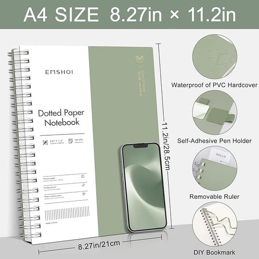 EMSHOI A4 Spiral Notebook Bullet Dotted journal, Dotted Grid Notebook with 300 Pages, 100gsm Thick Paper, Waterproof Softcover Notebook for School Work Writing, 8.27" × 11.2" - Light Green
