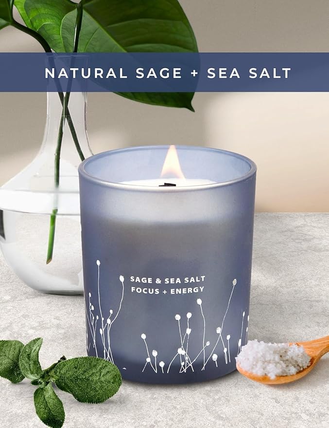 White Sage Sea Salt Scented Candle - Large Wood Wick Soy Candle 10.6 oz - Sage Candles for Cleansing House - Aromatherapy Energy Cleansing Candle