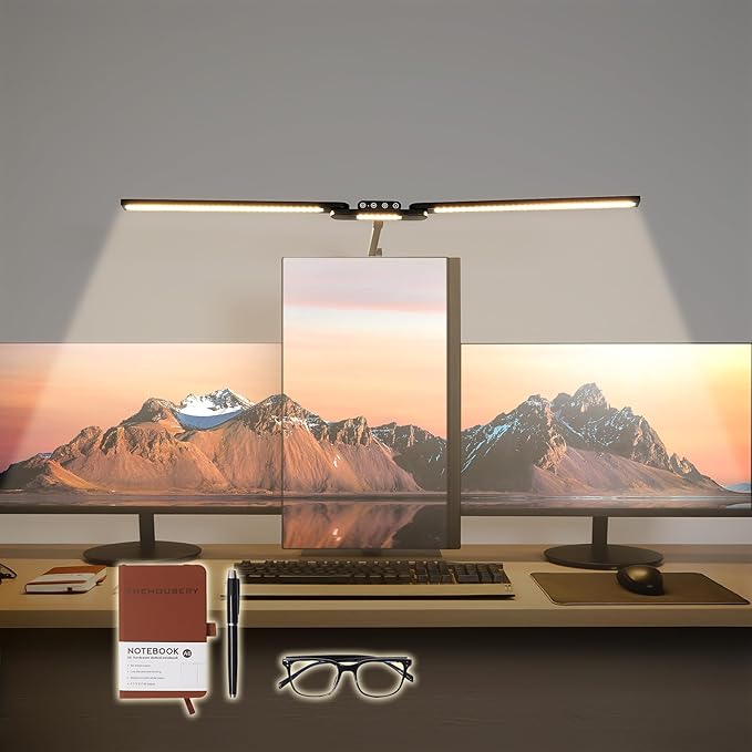 LED Desk Lamp, Anti Eyestrain with Blue Light Blocking Glasses Included, 3000K-6500K with Clamp, Architect Style Swing Arm, Wide Monitor Computer Light for Home Office Gift