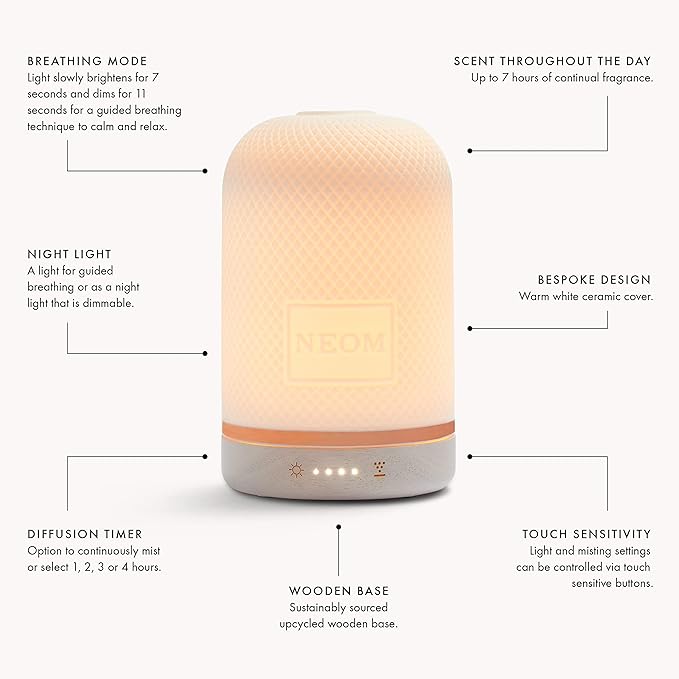 NEOM – Essential Oil Diffuser for Home | Wellbeing Aromatherapy Diffusers | Ceramic Cover, LED Light & Timer | Best for Medium Spaces | Plug in Diffuser for Essential Oils | Home Fragrance