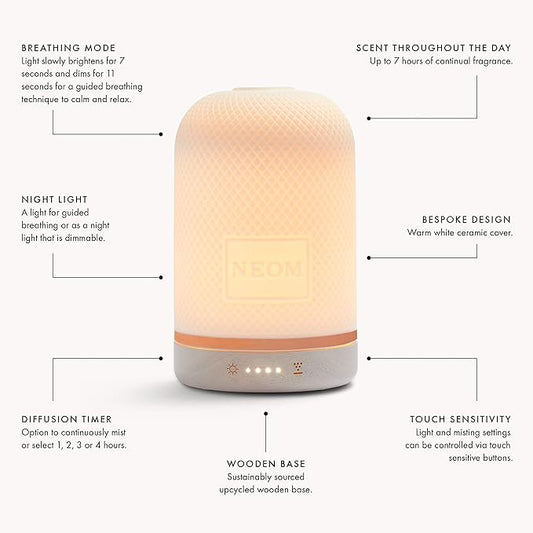 NEOM – Essential Oil Diffuser for Home | Wellbeing Aromatherapy Diffusers | Ceramic Cover, LED Light & Timer | Best for Medium Spaces | Plug in Diffuser for Essential Oils | Home Fragrance