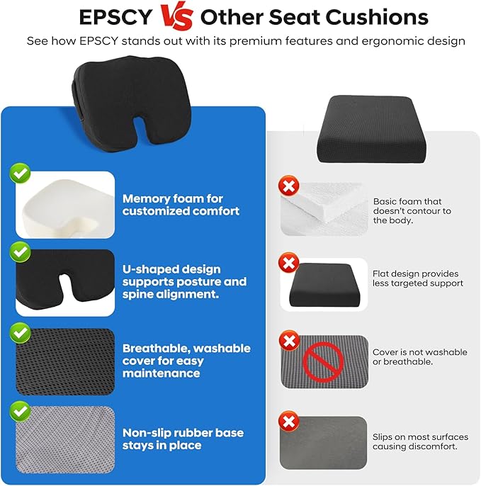 EPSCY Memory Foam Seat Cushion, Black, Ergonomic Comfort for Office Chair, Car, Airplane & Bleacher, U-Shaped Design for Enhanced Support & Comfort, Portable, Non-Slip, Washable Cover for Everyday Use