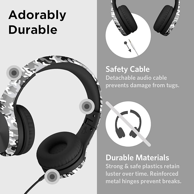 LilGadgets Connect+ Pro Wired Kids Headphones for School w/Microphone, Volume Limiting Noise Reducing Over-Ear Headset w/Cord, SharePort Technology & SoftTouch Padding, Snow Camo Headphones for Kids