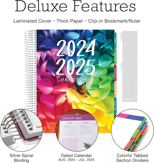 Aug 2024-Jul 2025 Deluxe Teacher Planner Notebook 8.5x11 Daily Weekly Monthly Organizers with 7 Periods, Pocket Folder, Dated Calendar, Page Tabs, Bookmark and Planning Stickers (Rainbow Petals)