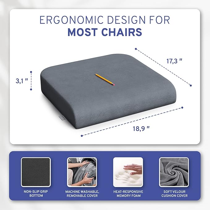 Seat Cushion Extra Large - Firm Memory Foam Chair Pad for Recliner, Wheelchair, Office Chair, Stadium, Bleacher, Car, Floor, Patio Furniture, Bariatric Overweight Users 19”x17”x3”