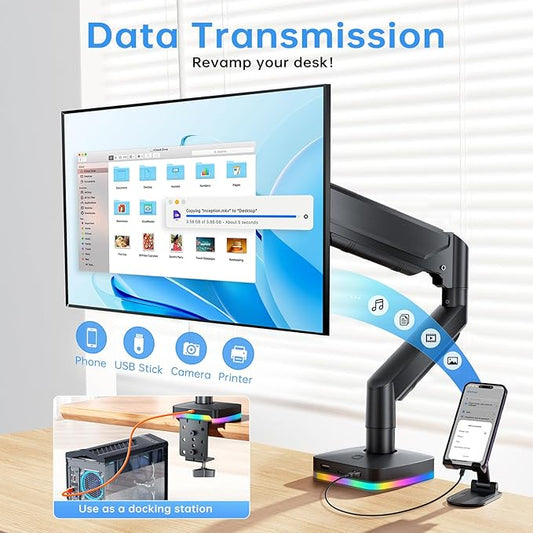 RGB Single Monitor Arm Desk Stand Gas Spring Computer Adjustable Monitor Mount for 13-32 inch Screens with RGB USB & USB-C High Speed Data Transfer C Clamp & Grommet Bases 75x75/100x100 VESA