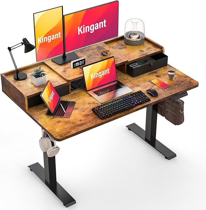 Kingant 48" x 30" Standing Desk with Drawers, Large Desktop, Ergonomic Sit Stand Desk for Home Office Work, Cable Management, 3 Preset Heights & 2 Hooks, Rustic Brown
