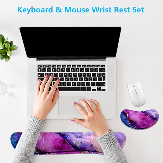 Dapesuom Enlarge Keyboard Wrist Rest, Memory Foam Wrist Cushion for Desk Mats Support, Cute Typing Pain Relief Keyboard Mouse Pad Rests Set with Non-Slip Base for Gaming Laptop Computer, Purple Marble