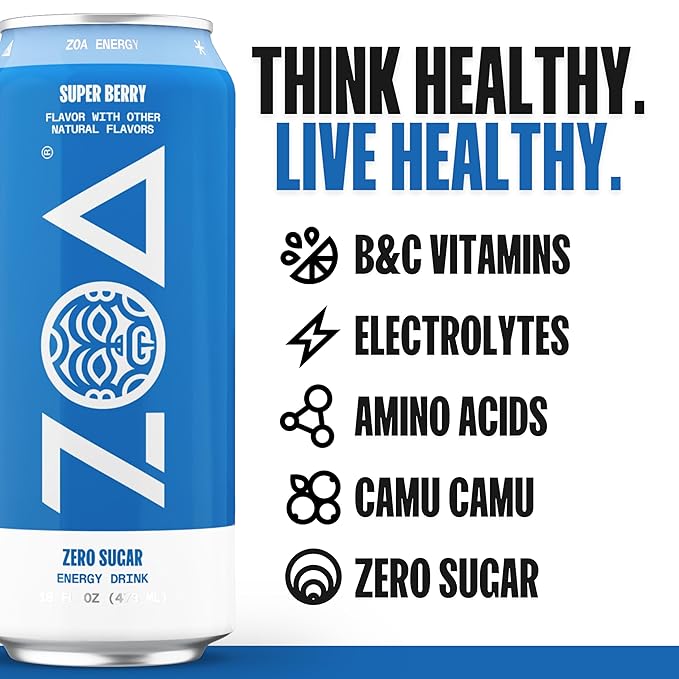 ZOA Zero Sugar Energy Drinks, Super Berry - Sugar Free with Electrolytes, Healthy Vitamin C, Amino Acids, Essential B-Vitamins, and Caffeine from Green Tea - 16 Fl Oz (12-Pack)