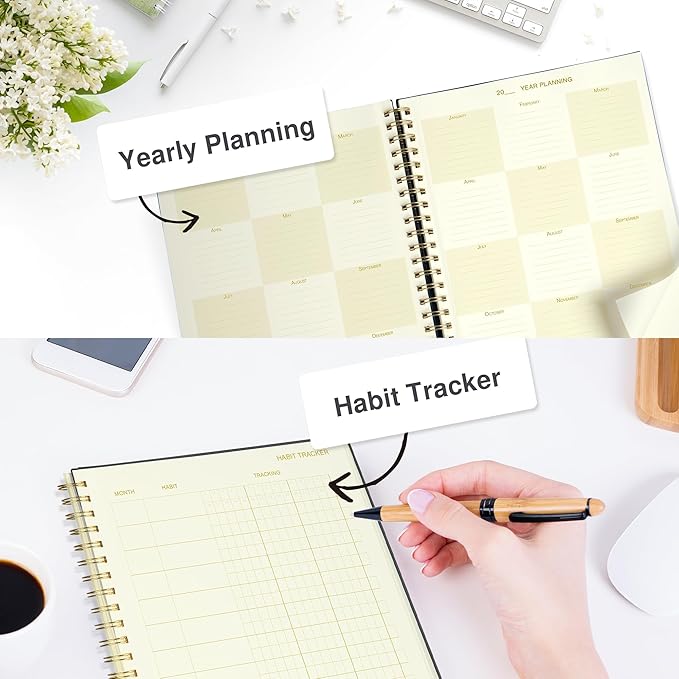 Undated Daily Planner To Do List Hourly Schedule 2027 2026 2025 Calendar & Holiday Habit Tracker 180 Pages Letter Size 8.5" x 11" Sheets Hardcover Spiral Bound Notebook (Black)