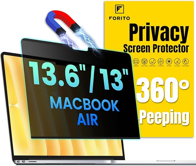 F FORITO Magnetic Privacy Screen Protector Compatible with MacBook Air 13.6 inch (2022-2025, M2, M3, M4), 360° Anti Peeping Removable Anti Blue Light Anti Glare Laptop Privacy Screen Shield