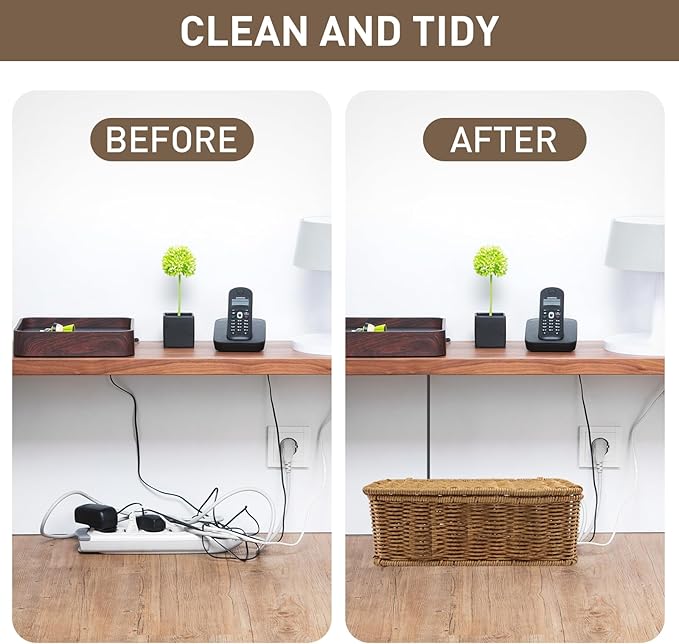 2 Pack Rattan Cable Management Box, Large Cord Organizer Box with Lid Under Desk Router Hider Storage Box with 4 Exits, Wire Box Hider for TV Wires Computer Surge Protector USB Hub Power Strip
