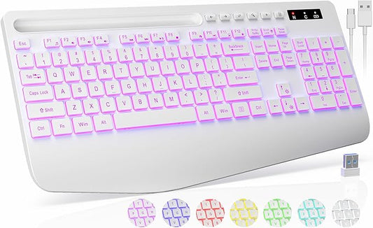 Wireless Keyboard with 7 Colored Backlit, Wrist Rest, Phone Holder, Rechargeable Ergonomic Computer Keyboard with Silent Keys, Full Size Lighted Keyboard for Windows, MacBook, PC, Laptop (White)