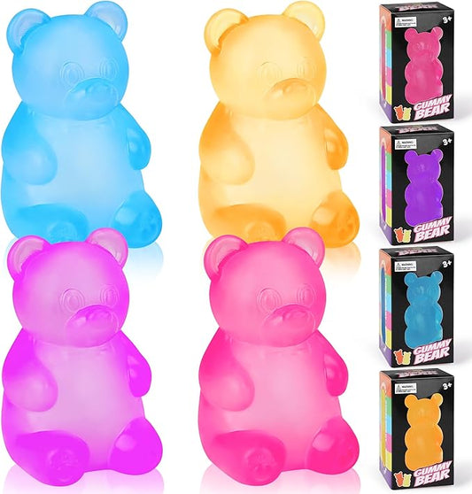 4 Pack Gummy Bear Sensory Fidget Toys - Sugar Filled Squishy Stress Balls for Kids Adults Stress Relief - High Density Squeeze Balls for Anxiety Focus Students Calming