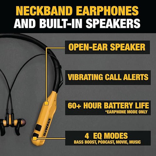DEWALT Heavy Duty 2-in-1 Neckband Bluetooth Headphones w/Built-in Speakers, Jobsite Wearable Speaker & Around Neck Headphones, Wireless Bluetooth Headset, 60+ Hrs Hands-Free Music/Calls, Carry Pouch