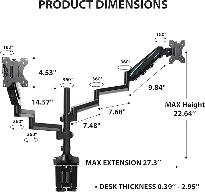 EUREKA ERGONOMIC Dual Monitor Stand, Fully Adjustable Gas Spring Double Monitor Arms for PC Computer Screen 13 to 32 inch up to 17.6 LBS W VESA 75x75mm,100x100mm C Clamp Grommet Base, Black