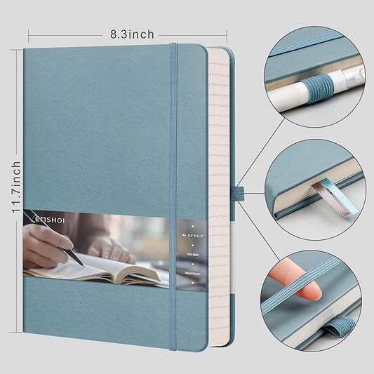 EMSHOI Hardcover Leather Lined Journal, 8.5" x 11" A4 College Ruled Notebook for Women & Men – 192 Pages, 100 GSM Thick Paper, Professional Work Journal with Sticky Notes, Gray-Blue