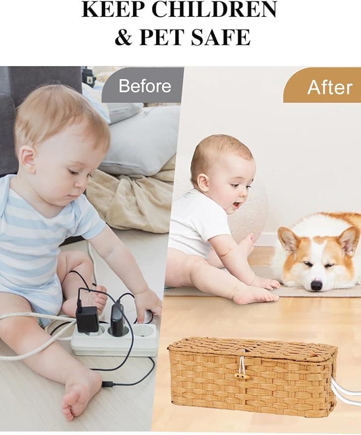 Temary Cable Management Box with Lids, 2-Pack Handmade Cable Organizer Boxes for Home, Office to Hide Cords and Power Strip, Cord Cover Floor Hider Set Woven Rattan Cable Organizer Box