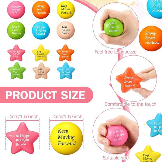Aoriher 36 Pcs Motivational Stress Balls Quotes Inspirational Funny Colorful Foam Balls Hand Exercise Stress Relief Gifts for Office Small Anxiety Toys for Relief Motivating Supply (Star, Round)