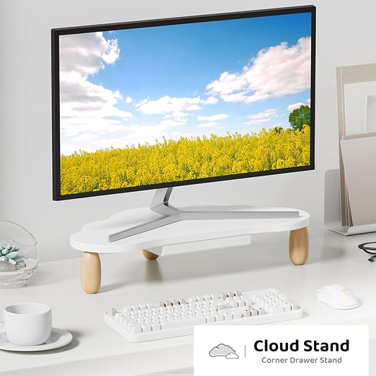 Cloud-Shaped Sturdy Wood Computer Monitor Stand Riser With Drawer, Multi-Purpose Desktop Organizer